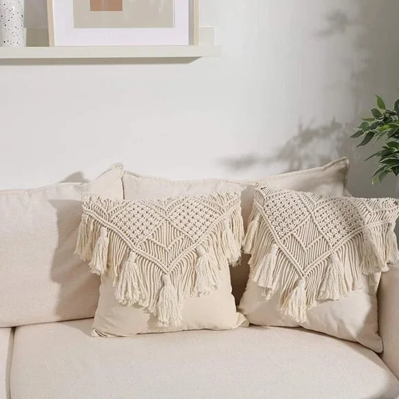 Tassel Macrame Throw Pillow Boho Indie Case Cushion Cover for Bed/Sofa/Patio - Picture 3 of 7